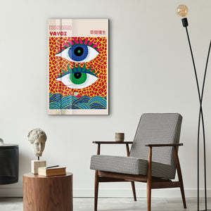 Artdesigna tarafından üretilen Yayoi Kusama soyut fırça cam duvar tablosu, canlı Japon pop art tasarımını şeffaf cam panel üzerinde sunar.