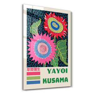 Artdesigna tarafından üretilen Yayoi Kusama soyut fırça cam duvar tablosu, canlı Japon pop art tasarımını şeffaf cam panel üzerinde sunar.