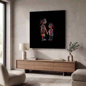 Neon family kare glass wall art by Artdesigna, featuring vibrant neon-style design on transparent glass for modern home decor.