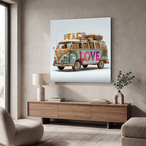 Glass wall art featuring a retro van design titled Peace Journey by Artdesigna, kare-shaped decorative glass wall decor.