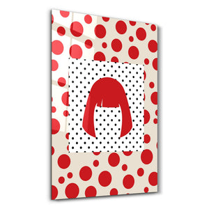 Artdesigna tarafından üretilen Yayoi Kusama soyut fırça cam duvar tablosu, canlı Japon pop art tasarımını şeffaf cam panel üzerinde sunar.