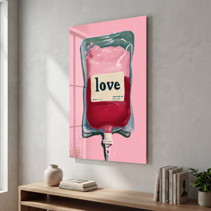 Glass wall art titled Love Transfusion by Artdesigna, featuring pop surreal minimalism with vibrant colors and abstract design.