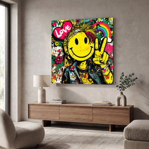 Colorful graffiti-style glass wall art featuring kare pop art design by Artdesigna, perfect for modern wall decor.