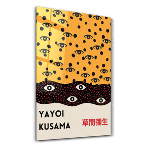 Artdesigna tarafından üretilen Yayoi Kusama soyut fırça cam duvar tablosu, canlı Japon pop art tasarımını şeffaf cam panel üzerinde sunar.