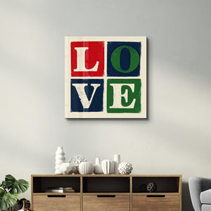 Retro kare typography glass wall art by Artdesigna featuring love blocks design on clear glass surface.