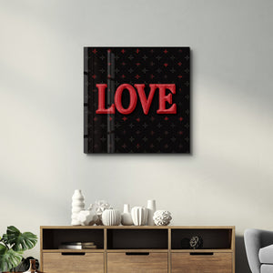 Midnight Love Luxe kare Typography Art glass wall art by Artdesigna featuring elegant black and white text design on clear glass.