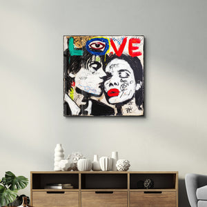 Electric Love Urban Kiss kare glass wall art by Artdesigna featuring vibrant, colorful abstract design on clear glass surface.