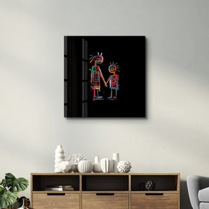 Neon family kare glass wall art by Artdesigna featuring vibrant neon lights and modern design for home decor.