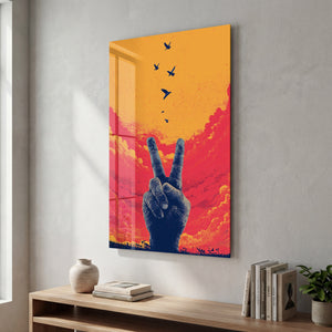 Colorful glass wall art titled "Sunset Freedom" by Artdesigna, featuring a serene sunset scene on a sleek glass panel.
