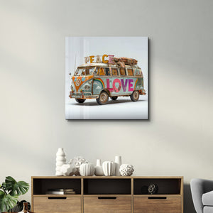 Retro van glass wall art by Artdesigna featuring a colorful peace journey design in a kare shape.