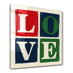 Retro kare typography glass wall art featuring the word "Love" in bold, colorful letters by Artdesigna.