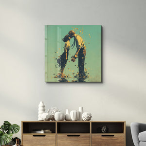 Romantic kare glass wall art featuring a couple's silhouette in a first kiss scene, by Artdesigna.
