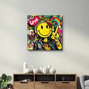 Colorful Smile Rebel pop graffiti kare glass wall art by Artdesigna, featuring vibrant abstract graffiti design on clear glass.