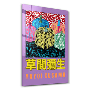 Artdesigna tarafından üretilen Yayoi Kusama soyut fırça cam duvar tablosu, canlı Japon pop art tasarımını şeffaf cam panel üzerinde sunar.