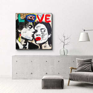 Glass wall art titled Electric Love – Urban Kiss kare by Artdesigna, featuring vibrant, colorful geometric design on a clear glass panel.