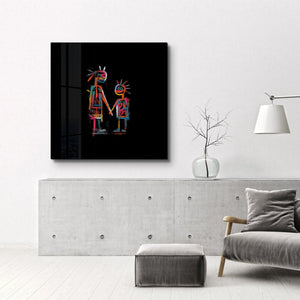 Neon family kare glass wall art by Artdesigna featuring vibrant neon-colokırmızı family figures on clear glass surface.