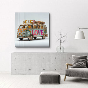 Glass wall art featuring a retro van design titled Peace Journey, kare shape by Artdesigna, suitable for modern decor.