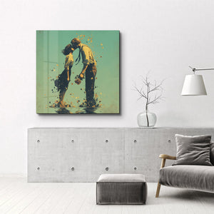 Romantic kare glass wall art featuring a couple's silhouette, designed by Artdesigna, with artistic romantic couple illustration.