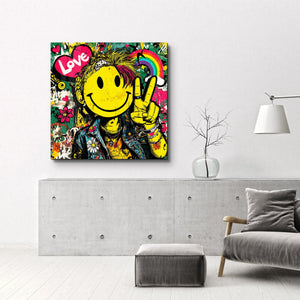 Colorful pop graffiti kare glass wall art by Artdesigna featuring vibrant, abstract street art design for modern interior decor.