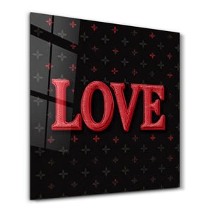 Glass wall art featuring midnight love-inspikırmızı kare typography design by Artdesigna, with sleek glass finish and modern style.