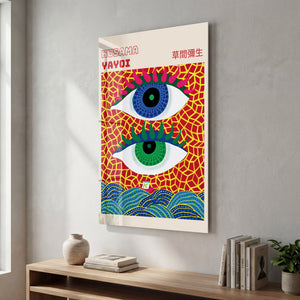 Artdesigna tarafından üretilen Yayoi Kusama soyut fırça cam duvar tablosu, canlı Japon pop art tasarımını şeffaf cam panel üzerinde sunar.
