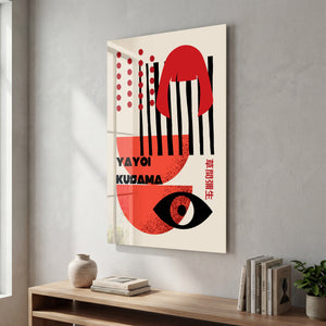 Artdesigna tarafından üretilen Yayoi Kusama soyut fırça cam duvar tablosu, canlı Japon pop art tasarımını şeffaf cam panel üzerinde sunar.