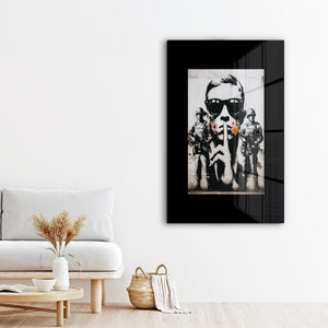 Glass wall art titled Silent Rebellion by Artdesigna featuring urban protest street art design.