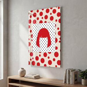 Artdesigna tarafından üretilen Yayoi Kusama soyut fırça cam duvar tablosu, canlı Japon pop art tasarımını şeffaf cam panel üzerinde sunar.