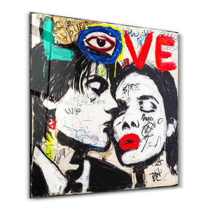 kare glass wall art featuring an electric love urban kiss design by Artdesigna, vibrant colors and modern style.