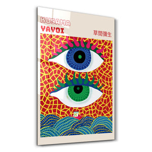 Artdesigna tarafından üretilen Yayoi Kusama soyut fırça cam duvar tablosu, canlı Japon pop art tasarımını şeffaf cam panel üzerinde sunar.
