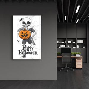 Skeleton Holding a Jack-O'-Lantern | Halloween Glass Wall Art - Artdesigna