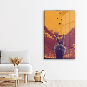 Glass wall art titled Peace Rising – Sunset Freedom by Artdesigna featuring vibrant sunset colors and abstract design on clear glass