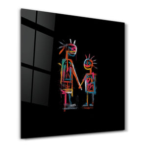 Neon family kare glass wall art by Artdesigna featuring vibrant neon lights in a modern design for home decor.