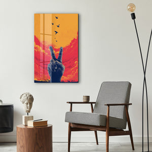 Colorful glass wall art titled "Sunset Freedom" by Artdesigna, featuring vibrant sunset and peaceful abstract design.