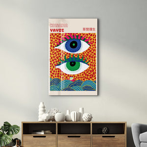 Artdesigna tarafından üretilen Yayoi Kusama soyut fırça cam duvar tablosu, canlı Japon pop art tasarımını şeffaf cam panel üzerinde sunar.