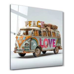 Glass wall art featuring a retro van design titled Peace Journey by Artdesigna, kare-shaped decorative glass wall piece.