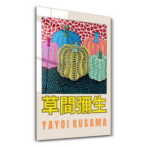 Artdesigna tarafından üretilen Yayoi Kusama soyut fırça cam duvar tablosu, canlı Japon pop art tasarımını şeffaf cam panel üzerinde sunar.
