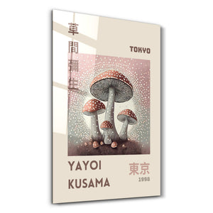 Artdesigna tarafından üretilen Yayoi Kusama soyut fırça cam duvar tablosu, canlı Japon pop art tasarımını şeffaf cam panel üzerinde sunar.