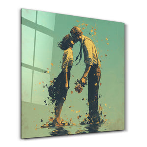 Romantic kare glass wall art by Artdesigna featuring a couple's silhouette in a loving embrace.