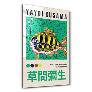 Artdesigna tarafından üretilen Yayoi Kusama soyut fırça cam duvar tablosu, canlı Japon pop art tasarımını şeffaf cam panel üzerinde sunar.