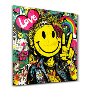 Colorful Smile Rebel pop graffiti kare glass wall art by Artdesigna featuring vibrant abstract graffiti design.