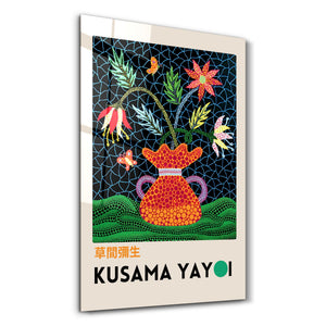 Artdesigna tarafından üretilen Yayoi Kusama soyut fırça cam duvar tablosu, canlı Japon pop art tasarımını şeffaf cam panel üzerinde sunar.