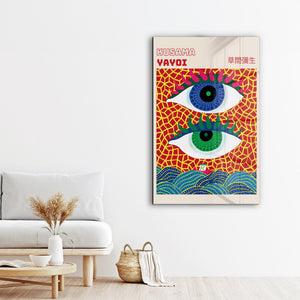 Artdesigna tarafından üretilen Yayoi Kusama soyut fırça cam duvar tablosu, canlı Japon pop art tasarımını şeffaf cam panel üzerinde sunar.