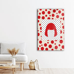 Artdesigna tarafından üretilen Yayoi Kusama soyut fırça cam duvar tablosu, canlı Japon pop art tasarımını şeffaf cam panel üzerinde sunar.