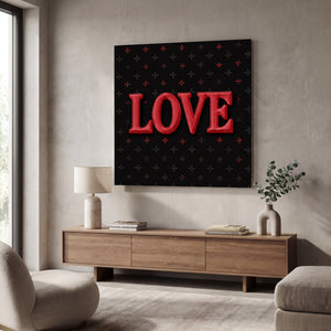 Glass wall art featuring the "Midnight Love" luxe kare typography design by Artdesigna, showcasing elegant black and white lettering.