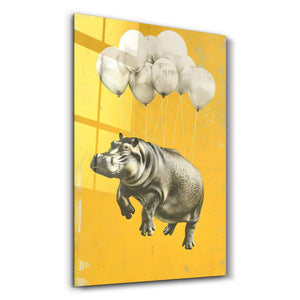 Hippo Rising with Balloons - Glass Wall Art - Artdesigna