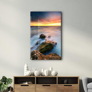 Sunset and Rocks | Glass Wall Art - Artdesigna