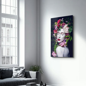 Floral Woman Portrait | Glass Wall Art - Artdesigna