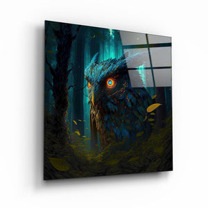 ."Blazing Blue Owl". Secret World Collection Glass Wall Art - ArtDesigna Glass Printing Wall Art