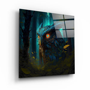 ."Blazing Blue Owl". Secret World Collection Glass Wall Art - ArtDesigna Glass Printing Wall Art